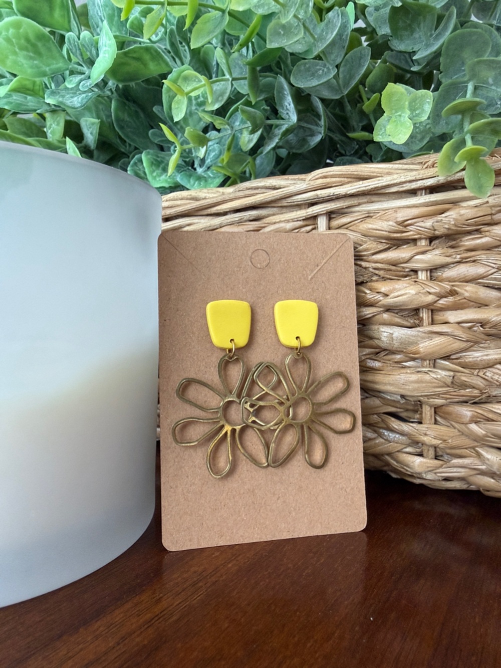 Floral metal Dangle Earrings with bright yellow studs